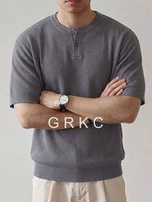 GRKC Men's Unisex Round Neck Knit Short Sleeve Slim Fit Casual Versatile Commute Spring Summer Top - Grey - View 2
