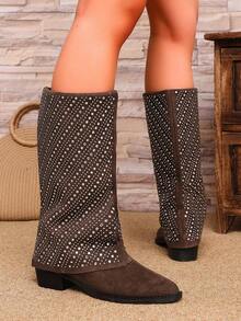 Elegant Sparkling Full Rhinestone Slouchy Tall Boots For Women, Vintage Pointed Toe Chunky Heel Western Style Tube Boots, Eye-Catching Look Suitable For Parties, Outings And Various Occasions - Brown - View 4