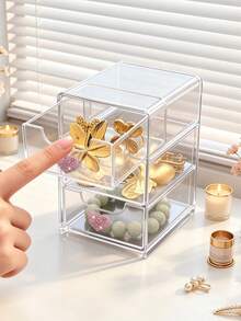 ElegantShining Heart-Shaped Desktop Storage Box With 3 Drawers, Suitable For Office And Vanity | Transparent Office Supplies Storage Drawer, Desktop Organizer Box, Suitable For Cosmetics, Jewelry, Crafts, Beads, Pens And Stationery - Multicolor - View 3