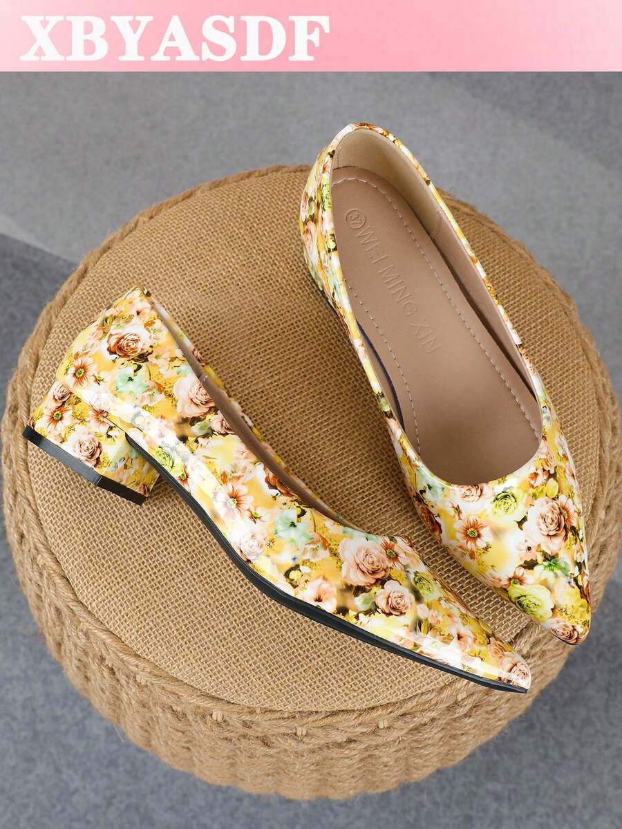 XBYASDF 2026 New Women's Yellow Rose Floral Print Pointed Toe Chunky Heel Pumps, Low Vamp Slip-On 3cm High Heel Shoes For Commute And Date - Yellow - View 1