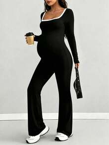 Parara Maternity Jumpsuit, Black Long Sleeve Square Neck Slim Fit Long Length Maternity Jumpsuit, Suitable For Autumn Wear. - Black - View 6