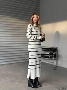 Women's Striped Long Sleeve Dress - White - View 1