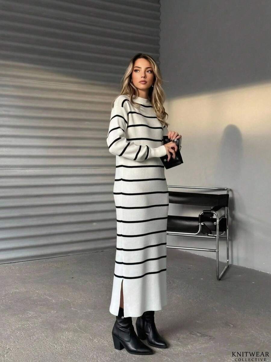 Women's Striped Long Sleeve Dress - White - View 1
