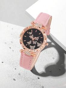 2Pcs/Set Sweet & Cool Style Women's Watch + Rhinestone Leather Strap Quartz Wristwatch, Holiday Birthday Gift Accessory, Suitable For Qixi, Valentine's Day, Christmas, Birthday Party, Anniversary, Thanksgiving Gift Giving. - Multicolor - View 6