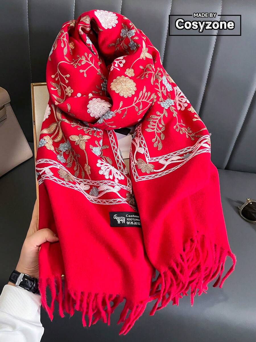 1件女款秋冬仿羊絨花卉刺繡圍巾,波希米亞風加厚保暖流蘇刺繡旅行披肩斗篷 - 紅色 - 查看 1