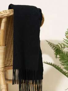 1PC Fashion Casual Solid Black Wool Cashmere Pashmina Scarf, Unisex Casual Tassel Shawl, Suitable For Daily Wear, Autumn/Winter - Black - View 4