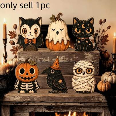 1pc Halloween Wooden Shelf Decor, Vintage Autumn Decoration, Rustic Wooden Sign, Multi-Tier Tray Decor, Bat, Cat, Pumpkin, Crow, Owl