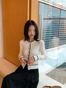 Elegant Round Neck Knit Cardigan Women Colorblock Design Fitted Long Sleeve Top - White - View 9