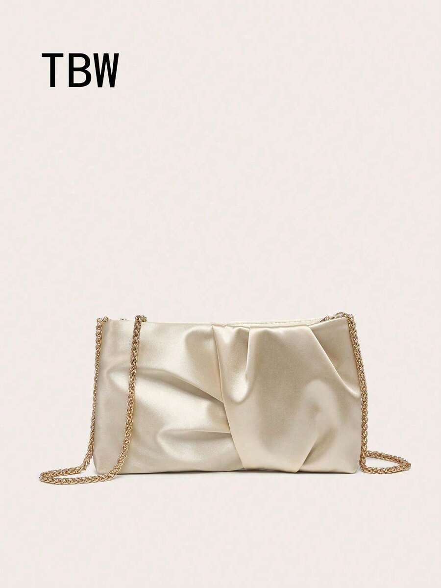 Women's Crossbody Bag, Square Bag, Wrinkled Silk Satin Texture, Wrinkled Touch, Lightweight And Fashionable, Metal Chain, Suitable For Evening Outings, Parties And Shopping. - Champagne - View 1