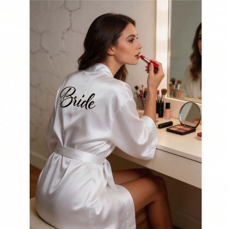 Summer Cool Touch White Satin Bridal Robe, Lightweight Breathable Printed Bridal Party Robe, Honeymoon Wedding Preparation Attire, Bachelorette Party And Daily Loungewear - White Bride - View 1