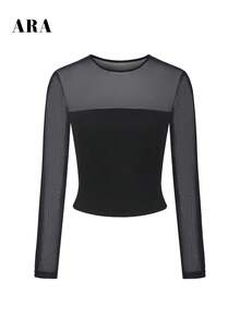 ARA CHIC Women Black Mesh Spliced Round Neck Long Sleeve Top Sheer Mesh Ribbed Knit Slim Fit Cropped Sexy Going Out Blouse Fall - Black - View 8