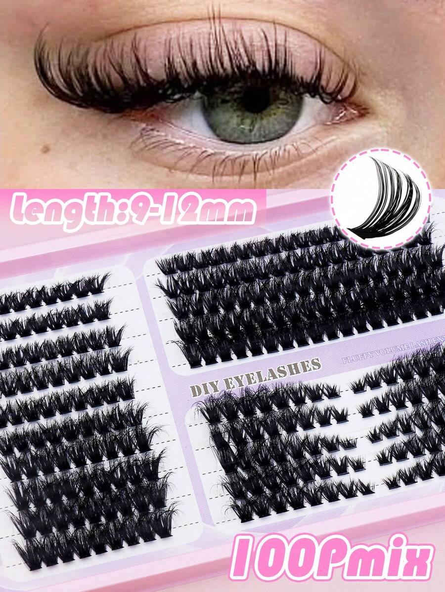 Ayrmilla 100D Mixed‑Size Fluffy Cluster False Eyelashes 9‑12mm D‑Curl Individual DIY Lash Extensions Soft Light‑Weight Reusable Wispy Segmented Lashes For Daily Party Eye Makeup - D - View 1