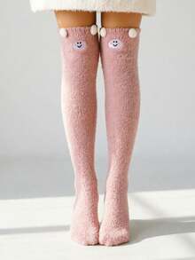 1 Pair Cartoon Pattern Knee-High Socks, Coral Fleece Long Tube Socks, Women's Thickened High-Top Socks - Multicolor - View 3