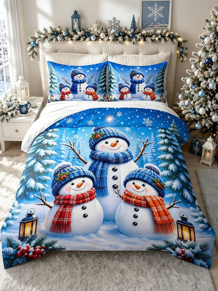 3pcs Christmas Theme, Blue Background Cute Snowman Christmas Pattern Bedding Set Quilt And Pillowcase 3 Pieces Set - Soft, Comfortable And Breathable Bedding, 200g Quilted Filling, Includes 1 Quilt And 2 Pillowcases (Pillow Inserts Not Included) - Perfect Choice For Home Or Dorm Christmas Decoration - Multicolor - View 1