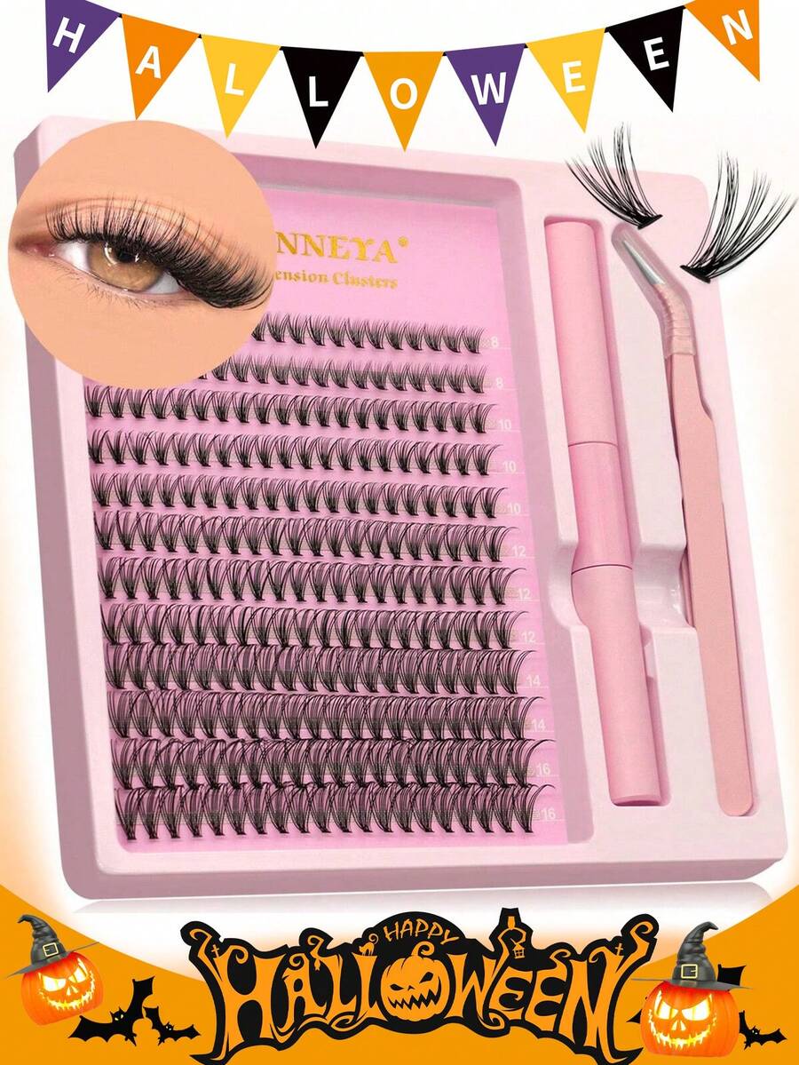 GROINNEYA Set Bulu Mata Palsu 12 Pasang, Kit Ekstensi Bulu Mata DIY, Set Ekstensi Bulu Mata Individual, Set Lengkap Bulu Mata Palsu, Bulu Mata Palsu untuk Makeup, Halloween - Hitam - View 1