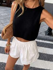 Sylvia Women's Summer Basic Minimalist Sleeveless Round Neck Cropped Knit Tank Top Casual Style Black - Black - View 4