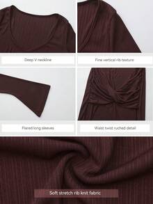 ROSIE POPHUB Women Brown Ribbed V-Neck Flare Sleeve Midi Dress, Twist Front Slit Slim Elegant Christmas Party Dress For Fall Winter - Coffee Brown - View 10