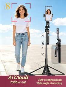 Tripod Gimbal Pelacak Otomatis Cerdas D8 1.8M, Stabilizer Joystick Pelacak Wajah AI, Anti-Guncangan, Rotasi Horizontal & Vertikal 360°, Tongkat Selfie yang Dapat Diperpanjang dari Paduan Aluminium, Dudukan Ponsel Stabil 4 Kaki, Cocok untuk Selfie, Video Vlog, dan Siaran Langsung - View 8