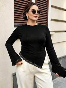 Women's Elegant Long Sleeve Lace Patchwork Top, Asymmetrical Hem, Waist-Cinching Slim Fit, Suitable For Spring, Autumn, Winter Daily Commute Wear - Black - View 1
