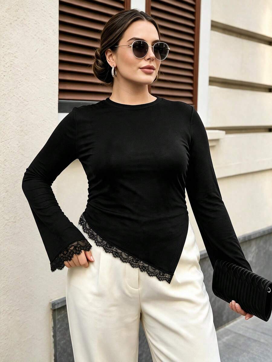 Women's Elegant Long Sleeve Lace Patchwork Top, Asymmetrical Hem, Waist-Cinching Slim Fit, Suitable For Spring, Autumn, Winter Daily Commute Wear - Black - View 1