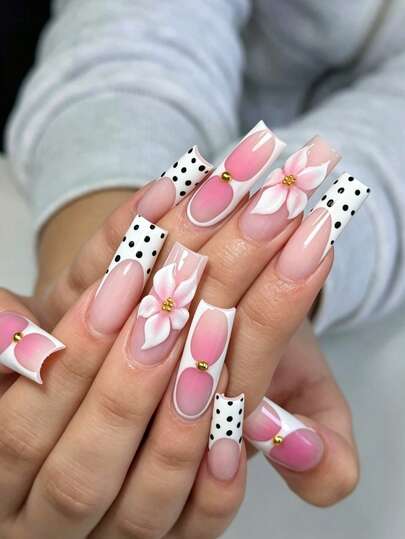 24PCS Long Coffin Press On Nails, Nude Pink White Polka Dot Design With 3D Pink Flower & Gold Bead Decor, Sweet Cute Reusable False Nails For Dating Party