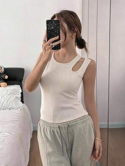 Women Ribbed Knit Camisole With Removable Pads, Round Neck Off Shoulder Hollow Out Strap Vest,Tank Top
