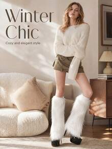 1 Pair LED Women's Elegant Faux Lamb Fur Long Boot Leg Warmers - Winter Fox Fur Leg Warmers With Fluffy Pom Poms, Warm Accessories, Holiday Costume Decoration, Easy Care Fabric, Seasonal Fashion, Stylish Leg Accessories, Comfortable Material, Suitable For Holiday Shopping, Mother's Day, Music Festival, Party, Wedding, World Cup, Halloween, Christmas, New Year Gift - 發光圍腿 - 查看 5