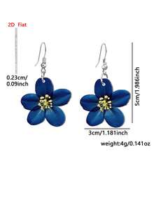 1對2D扁平優雅深海藍百合花紋壓克力吊墜耳環，適合女性日常配戴 - 藏蓝色 - 查看 3