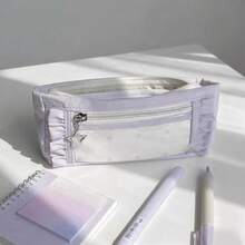 Cute Plaid Ruffled Pencil Case, Star Pendant Double Zipper Stationery Storage Bag, Large Capacity Transparent Window Pencil Pouch, Suitable For Back To School, Holidays, Travel, Soft Fabric Portable Makeup Organizer, Student Gift, Back To School Supplies - A - View 12