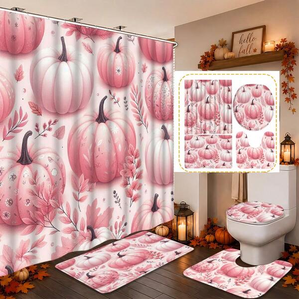 1/4pcs Thanksgiving Autumn Harvest Pink Pumpkin Shower Curtain Set, With 12 Hooks Waterproof Polyester Shower Curtain, Bathroom Curtain, Privacy, Thickened, Durable Quick Dry, 180*180cm Size, Halloween Thanksgiving Autumn Harvest Bathroom Decor