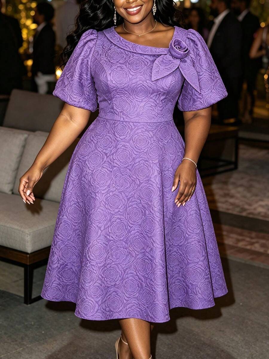Women Plus Purple Size Rose Jacquard Flared Puff Sleeve A-Line Graduation Dress Wedding Party Fall