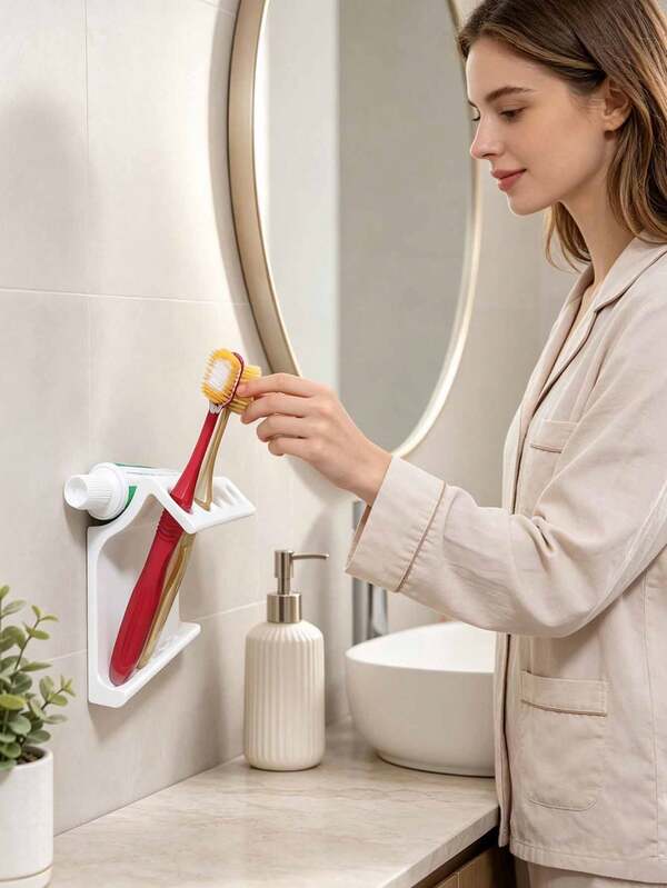 1pc Hanging Toothbrush Holder, Makeup Brush Holder No Drilling, Bathroom Multi-Functional Storage Rack, Bathroom And Kitchen Desktop Organizer, Suitable For Bathroom, Kitchen, Bathroom Storage, Bathroom Accessories, Kitchen Storage, Home Decor, Home Storage, Back To School, Halloween, Christmas Gift Best Choice