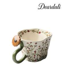 DearDali 1pc Hand-Painted Vine & Floral Ceramic Mug With 3D Flower Handle And Wavy Rim, French Vintage Pastoral INS Style Coffee Cup For Tea, Latte, Milk, Juice, Home Afternoon Tea, Creative Holiday Gift - Multicolor - View 14