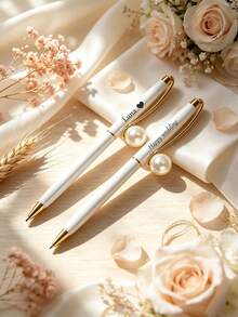 1pc Personalized Pearl Metal Ballpoint Pen, Customizable Engraved Ballpoint Pen, White Pearl, Optional With Pen Box, Wedding Guest Book Pen, Bridal Shower Bridesmaid Gift, Customized Wedding Signature Pen - Sets - View 2