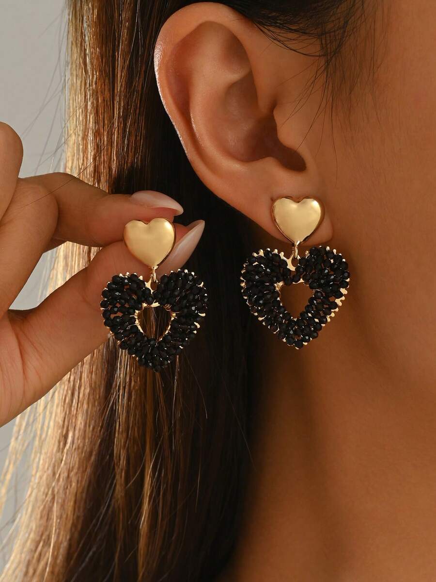 1pc Luxury Fashion Personalized Hollow Handmade Woven Artificial Crystal Heart Pendant Earrings, Suitable For Women's Daily, Vacation, Party, Wedding Season Gift - Black - View 1