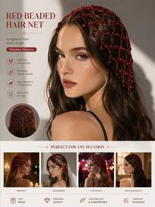 1pc New INS Style Water Drop Hair Chain Niche Design Mesh Headpiece Vintage Red Beads Hair Accessory - Silver - View 5