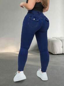 Plus Size Women's 9/10 Length Slim Fit Jeans, High Stretch Washed Denim With Button, Zipper And Pockets, Fashionable Autumn Pants - Deep Blue - View 8