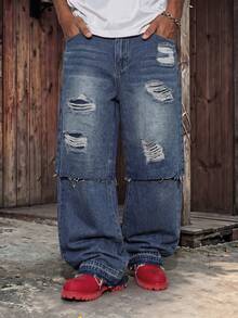 Men's Vintage Washed Blue 2 In 1 Double Layer Patchwork Wide Leg Denim Jeans, Double Layer Frayed Hem Distressed Casual Denim Pants - Blue - View 3