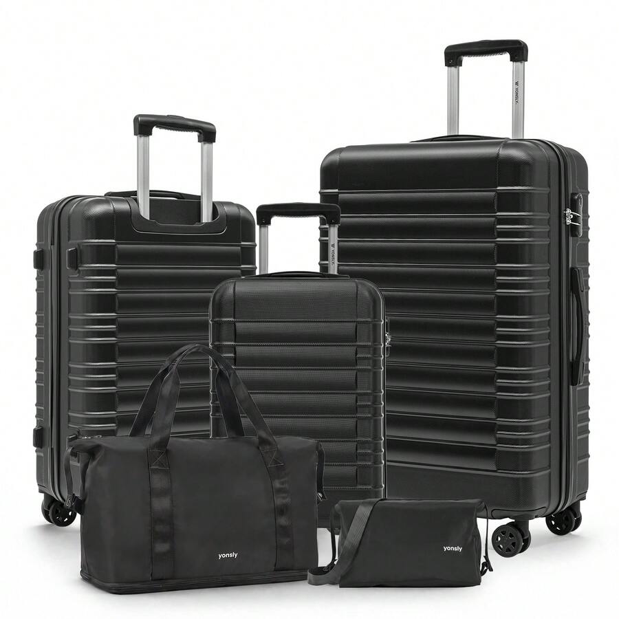 YONSLY Suitcase Set With Combination Lock 4 360° Wheels Mesh Pocket Soft Rubber Handle Nylon Toiletry Bag Travel Bag And 16+20 Inch Travel Suitcase - 黑色 - 查看 1