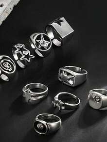 Xiacheng 4/9Pcs Chunky Thick Billiards Black Eight Layered Finger Rings Set Gothic Punk Y2K Stackable Knuckle Band Rings Silver Stars Jewelry For Women Men - Multicolor - View 3