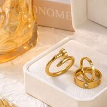 3pcs/Set Women's Rings, Long-Lasting Color, 18K Stainless Steel Fashion Elegant Summer Style Rings, Size 6-10, Wedding Rings - Gold - View 2
