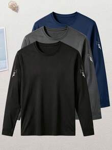 Men's Autumn Crew Neck Long Sleeve T-Shirts 3pcs Set, Reflective Print On Both Sleeves, Casual Inner Layer, Soft Comfortable Breathable Undershirt - Multicolor - View 2