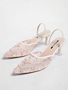 New Chinese Style White High Heel Women's Half-Slip Thin Heel Pointed Toe Lace Embroidered 2-In-1 Sandals - Beige - View 5