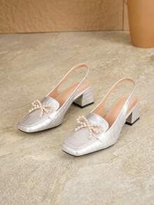AMROUO 2026 New Vintage Plaid Square Toe Chunky Heel 4.5cm Backless Women's Shoes With Pearl Bow Buckle Design, Lightweight And Comfortable, Fashionable For Commuting, Dating, Party And Multiple Occasions - Silver - View 6