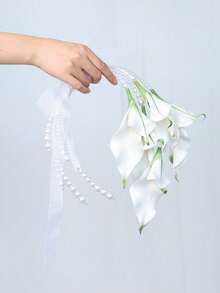 Elegant White Calla Lily Pearl Bridal Handheld Wreath Bride Wedding Decor For Outdoor Wedding Party - White - View 10