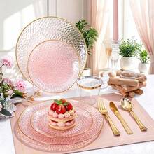 20pcs Pink Gold Rim Dinner Plates, Exquisite Hard Party Plates, Suitable For Various Parties, Banquets, Birthday Celebrations, Wedding Banquets, Anniversary, Business Receptions, Etc., 7.5 Inch Plates And 10.25 Inch Plates - Pink - View 1