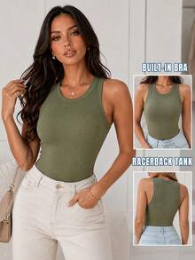Top básico de punto acanalado con cuello redondo, ajustado, sin mangas, con sujetador incorporado, casual y elegante para el verano - Verde militar - Ver 5