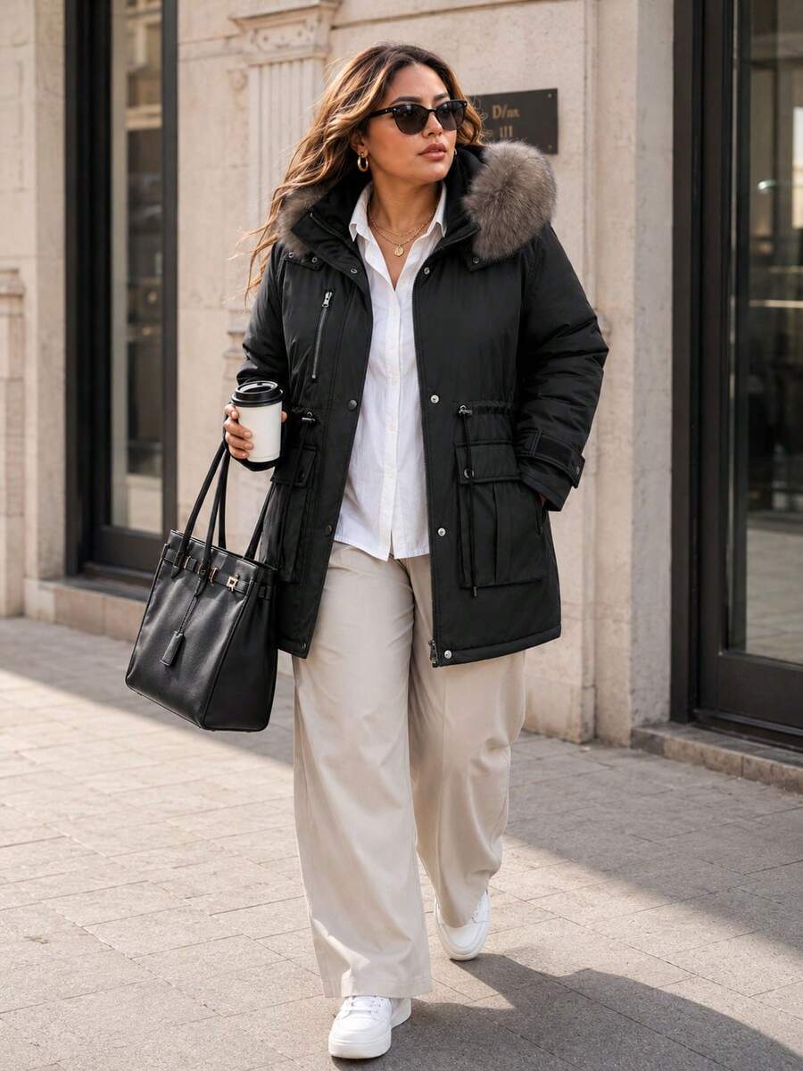 Plus Size Women's Detachable Fur Collar Hooded Parka Jacket, Cinched Waist, Multiple Utility Pockets, Loose Fit, Slimming Mid-Length Coat, Autumn/Winter - Black - View 1