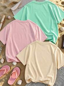 3pcs/Set Tween Girls' Solid Color Short Sleeve T-Shirts, Suitable For Tween GirlsSummer Tops, Young Student Clothing - Multicolor - View 2