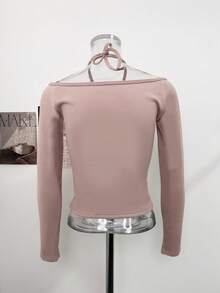 Autumn New Hot Girl Halter Neck Twisted Long Sleeve T-Shirt Slim Fit Flattering Base Layer Top - Pink - View 8